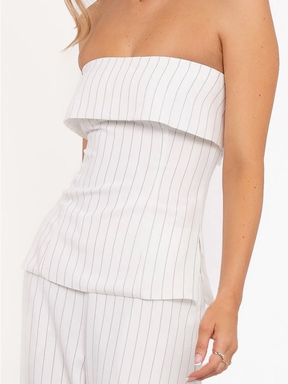 Petal + Pup Strapless White Pinstripe Ruffle Top